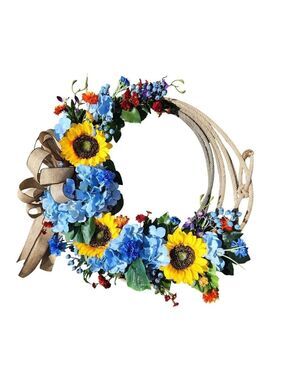 Handcrafted Sunflower & Hydrangea Floral Wreath With Burlap Bow For Home Wall or